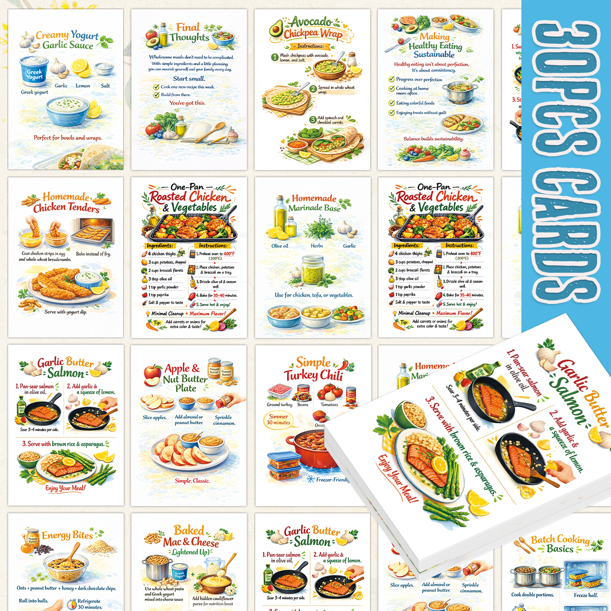 Meal Prep Recipes Healthy - 30pcs Wholesome Meals Recipe Cards,Simple Healthy